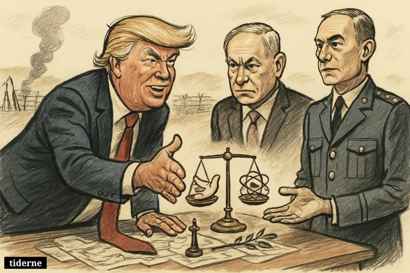 Trump, Netanyahu, and Joseph Aoun gather around a negotiation table with ceasefire maps, a balance scale, and fragile peace symbols.