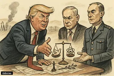 Trump, Netanyahu, and Joseph Aoun gather around a negotiation table with ceasefire maps, a balance scale, and fragile peace symbols.