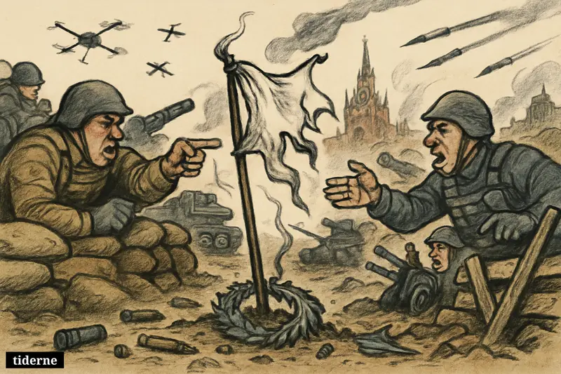 A broken truce flag hangs between Russian and Ukrainian trenches as soldiers, drones, and missiles show a ceasefire collapsing almost immediately.