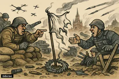 A broken truce flag hangs between Russian and Ukrainian trenches as soldiers, drones, and missiles show a ceasefire collapsing almost immediately.