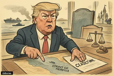 Donald Trump at a negotiation table over Hormuz, with an empty judge’s chair, ceasefire papers, oil tankers, and distant conflict beyond.