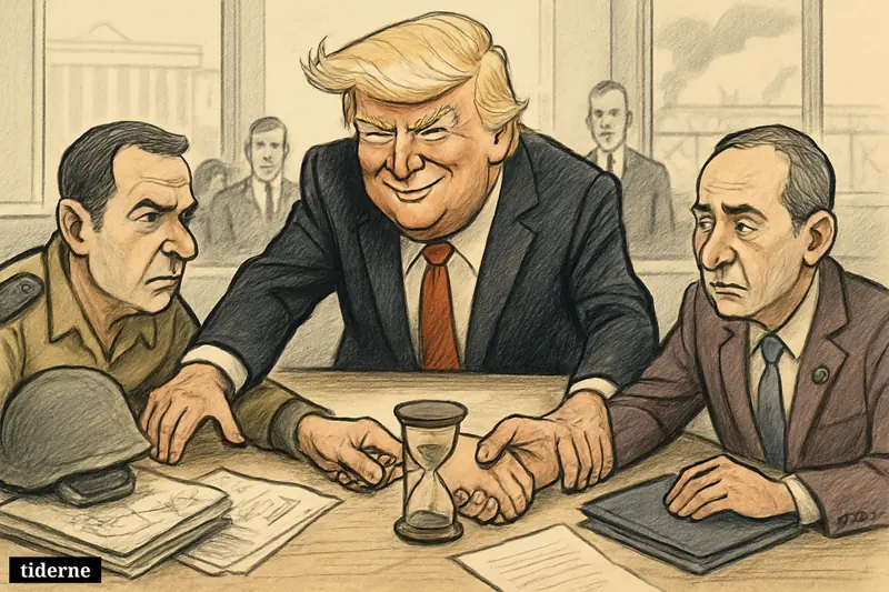 Donald Trump caricature leads a tense ceasefire negotiation between Israeli and Lebanese representatives across a long table in Washington.