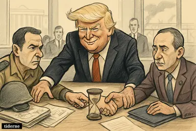 Donald Trump caricature leads a tense ceasefire negotiation between Israeli and Lebanese representatives across a long table in Washington.