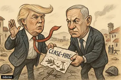 Caricature of Trump and Netanyahu struggling to hold a torn ceasefire agreement on a damaged border road in South Lebanon.