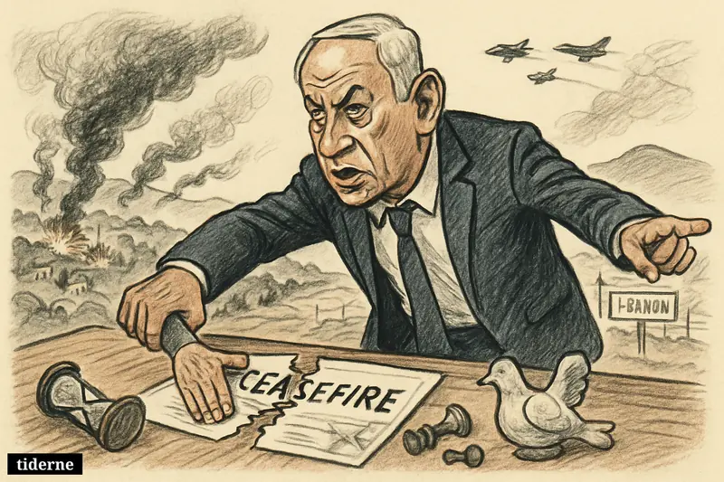 Benjamin Netanyahu at a command table tears into a ceasefire document as smoke, jets, and a damaged border landscape fill the scene.