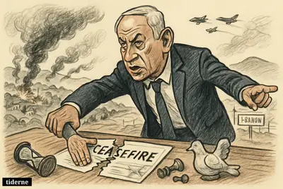 Benjamin Netanyahu at a command table tears into a ceasefire document as smoke, jets, and a damaged border landscape fill the scene.