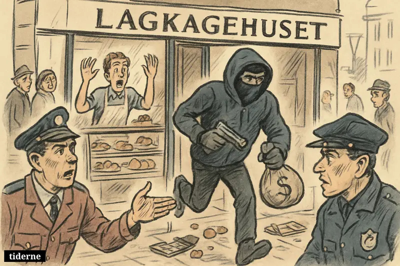 Caricature of an armed robbery at a Lagkagehuset bakery, with police, frightened staff, and shocked bystanders outside the shop.