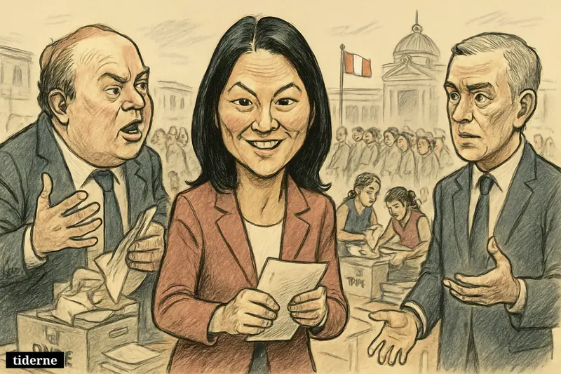 Keiko Fujimori leads two rival candidates outside a chaotic Peruvian polling station as officials juggle ballots and voters wait in long lines.