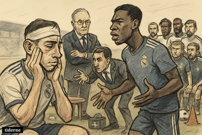 Caricature of Valverde bandaged after a training clash with Tchouaméni as Real Madrid figures react tensely on the practice field.