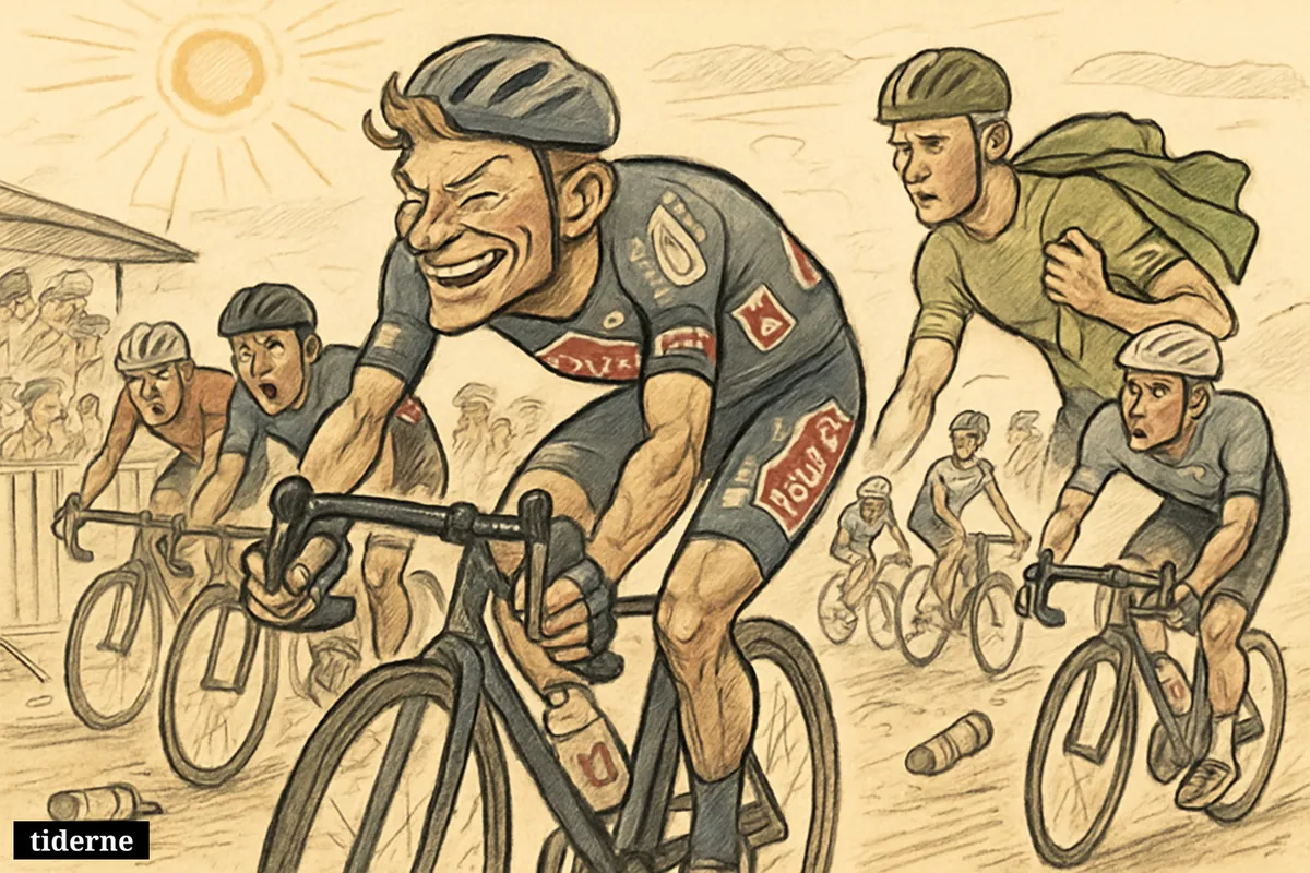 Mathieu van der Poel wins a scorching Tour stage ahead of chasers, while Mads Pedersen rides frustrated with the green jersey nearby. (AI-genereret illustration)