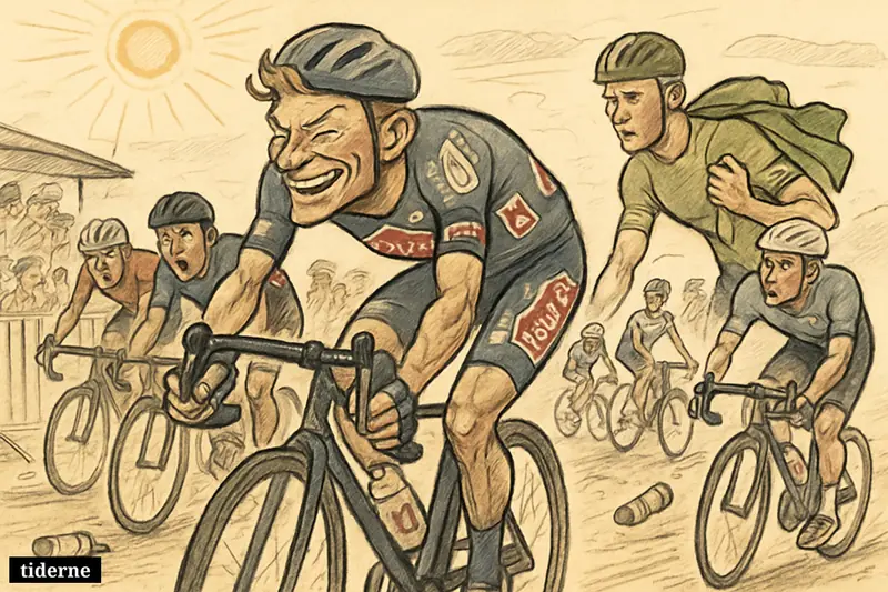 Mathieu van der Poel wins a scorching Tour stage ahead of chasers, while Mads Pedersen rides frustrated with the green jersey nearby. (AI-genereret illustration)