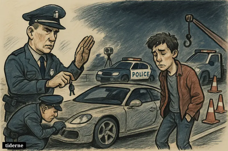 Police stop a speeding car on a motorway shoulder while officers seize the vehicle and confront a nervous young driver.