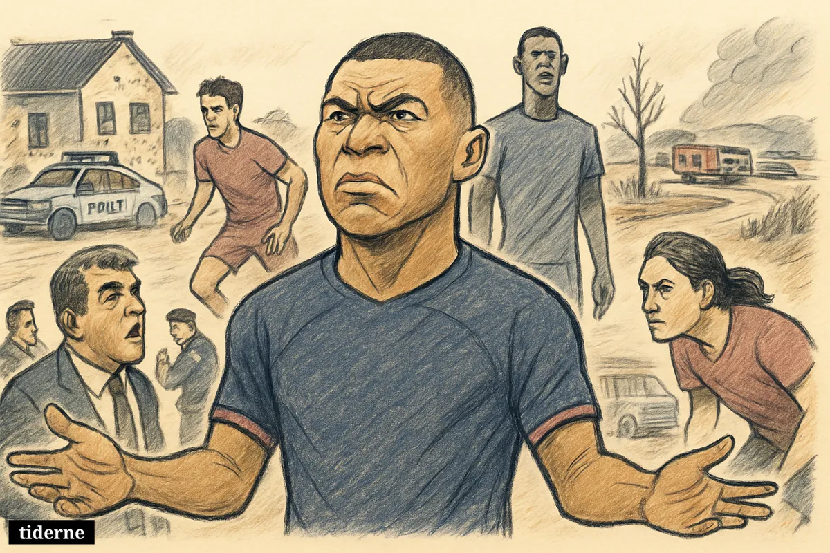 Caricature of Kylian Mbappé reacting angrily, surrounded by football figures, with police arrests, a damaged house, and wildfire danger behind them. (AI-genereret illustration)