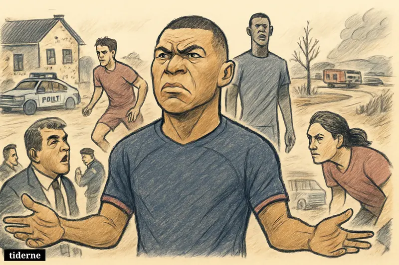 Caricature of Kylian Mbappé reacting angrily, surrounded by football figures, with police arrests, a damaged house, and wildfire danger behind them. (AI-genereret illustration)