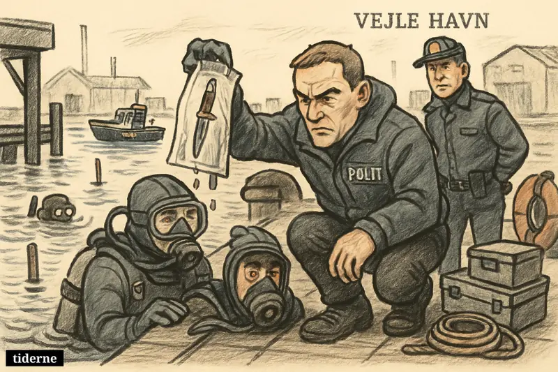 Police divers at Vejle Harbor recover a possible murder weapon as officers inspect evidence beside the dock.