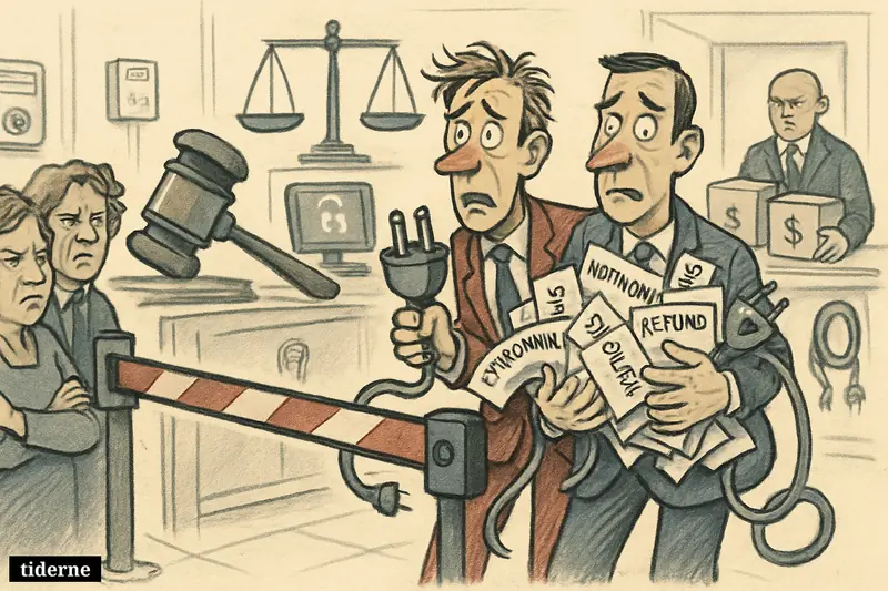 Two worried power-company caricature figures are blocked by a quarantine gate in a regulation office, surrounded by refund envelopes, cables, and stern oversight symbols.