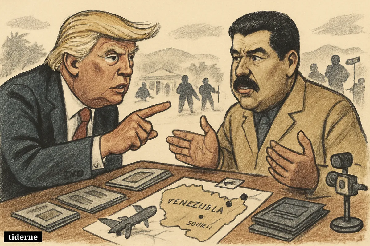 Trump and Maduro confront each other over an operations table with a Venezuela map, raid props, and tactical figures in the background.