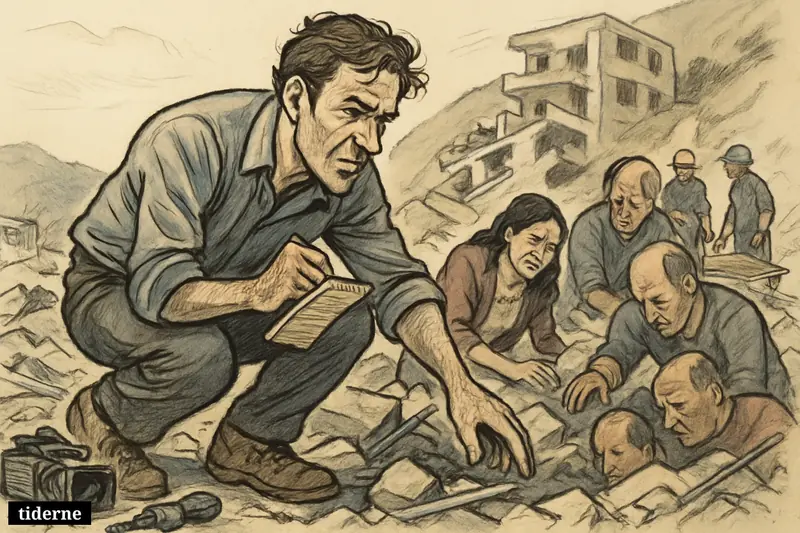 Will Grant crouches among earthquake rubble in La Guaira as families and rescue workers continue searching through collapsed buildings. (AI-genereret illustration)