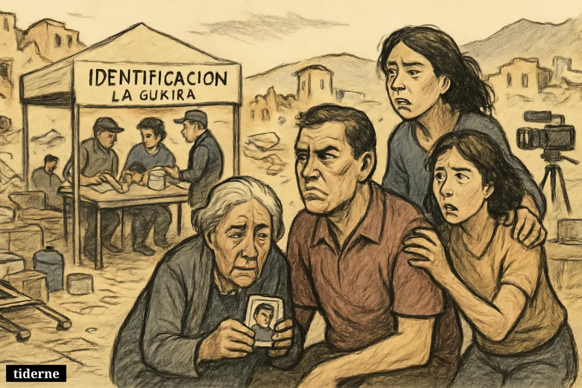 Worried families wait outside a temporary identification center after an earthquake, while aid workers sort photos and a news camera records nearby.