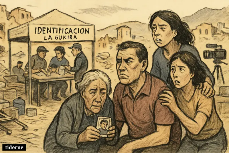 Worried families wait outside a temporary identification center after an earthquake, while aid workers sort photos and a news camera records nearby.