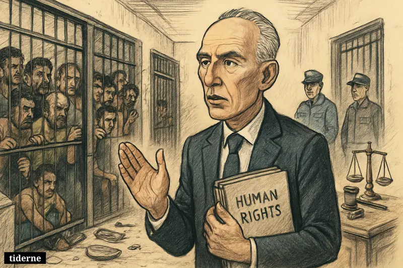 Volker Türk in front of an overcrowded prison corridor, with distressed inmates behind bars and signs of recent unrest in Venezuela.
