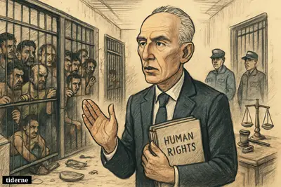 Volker Türk in front of an overcrowded prison corridor, with distressed inmates behind bars and signs of recent unrest in Venezuela.