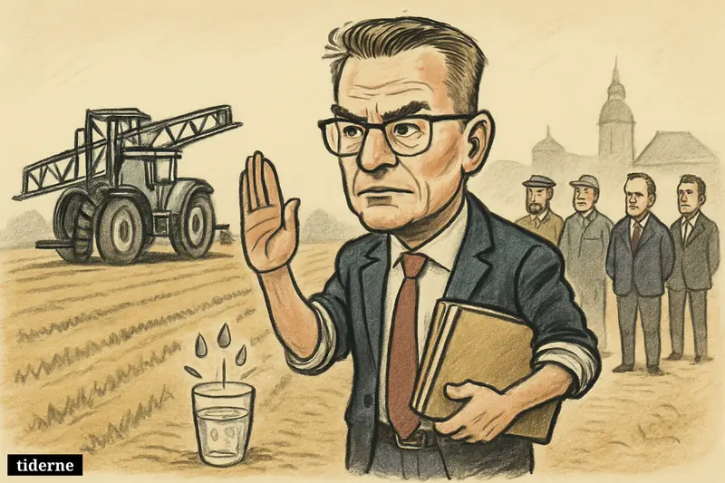 Caricature of Troels Lund Poulsen halting a field sprayer beside crops as clean drinking water emerges from the ground and negotiators look on.