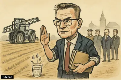 Caricature of Troels Lund Poulsen halting a field sprayer beside crops as clean drinking water emerges from the ground and negotiators look on.