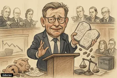 Troels Lund Poulsen stands tensely at a podium as broken promises, budget symbols, and accusing politicians surround him in parliament.