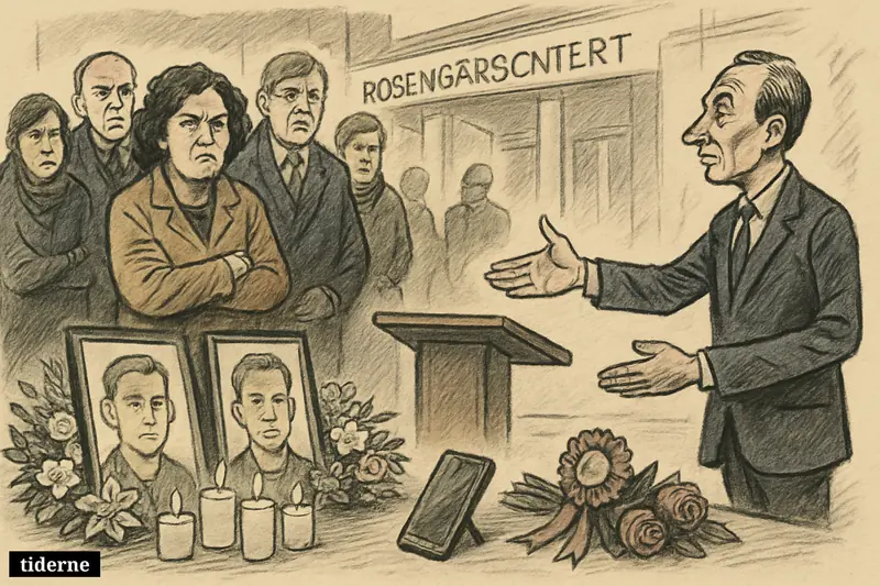 A memorial scene with candles and flowers, a selfie phone and campaign props, and mourners reacting uneasily outside a shopping center.