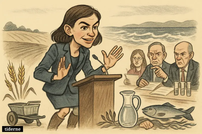 Caricature of Amanda Heitmann defending herself at a podium, surrounded by farm and water symbols while experts challenge her claims.
