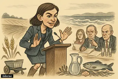 Caricature of Amanda Heitmann defending herself at a podium, surrounded by farm and water symbols while experts challenge her claims.