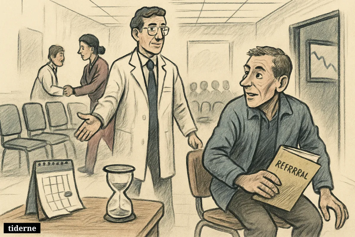 Hospital waiting room caricature with a shorter patient queue, relieved patients, empty chairs, and symbols of reduced waiting time. (AI-genereret illustration)