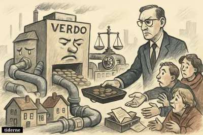 A caricature utility company repays money through heating pipes to waiting households while a regulator oversees the forced refund.