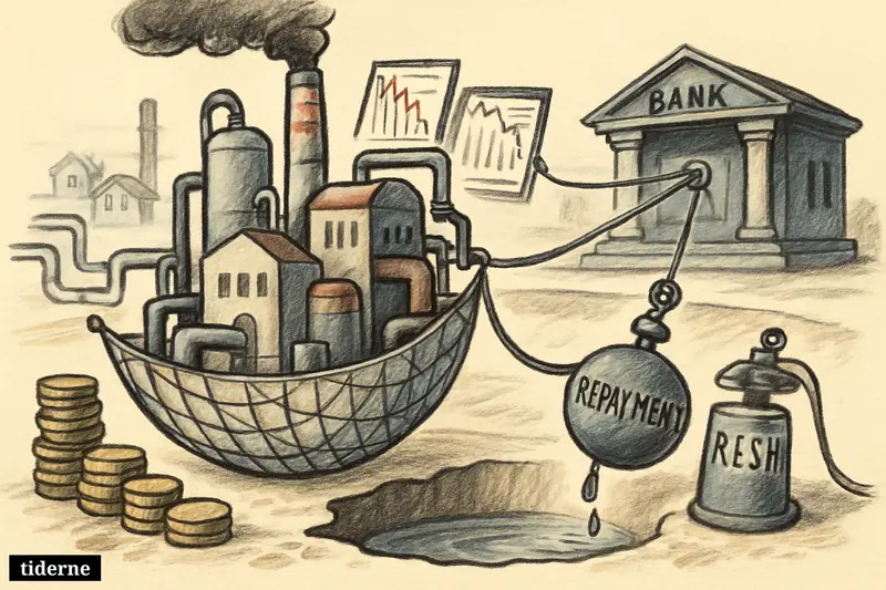 A utility plant clings to bank safety nets above a dry cash pit, burdened by repayment pressure and weak finances.