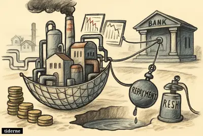 A utility plant clings to bank safety nets above a dry cash pit, burdened by repayment pressure and weak finances.