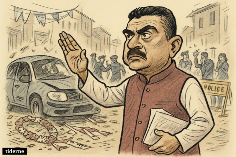 Caricature of Suvendu Adhikari on a tense West Bengal street beside a shattered car, police arrests, and debris from a troubled election celebration.