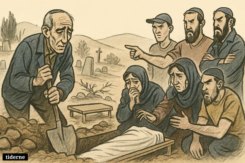 A grieving Palestinian family stands around a reopened grave near Jenin while hostile settler figures confront them in a tense cemetery scene.