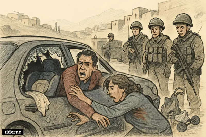 A damaged family car, grieving wounded parents, and Israeli soldiers on a West Bank roadside after a deadly shooting.