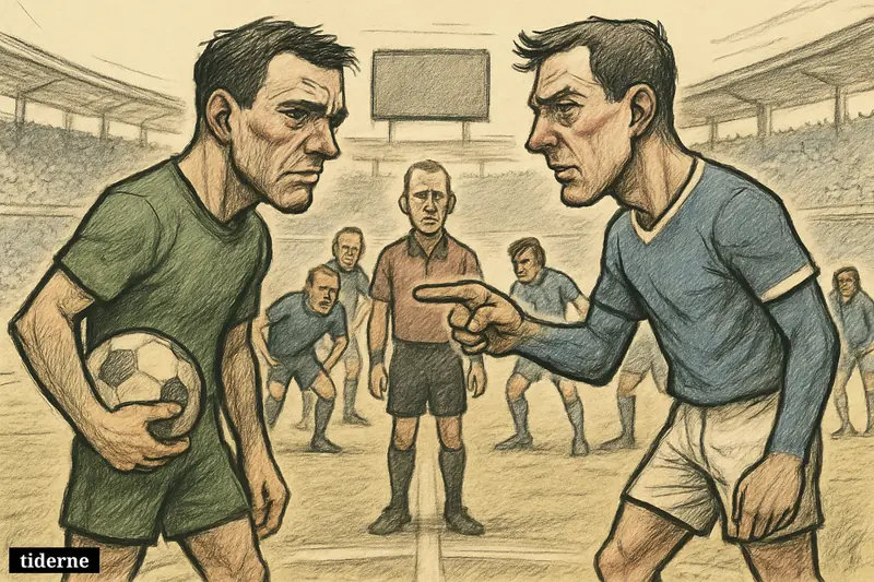 Two anxious football captains and their teams face off at midfield in a tense season-opening stadium scene. (AI-genereret illustration)
