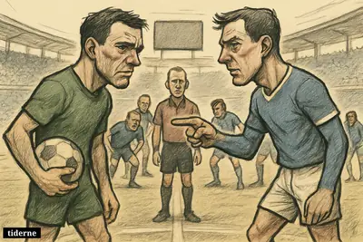 Two anxious football captains and their teams face off at midfield in a tense season-opening stadium scene. (AI-genereret illustration)