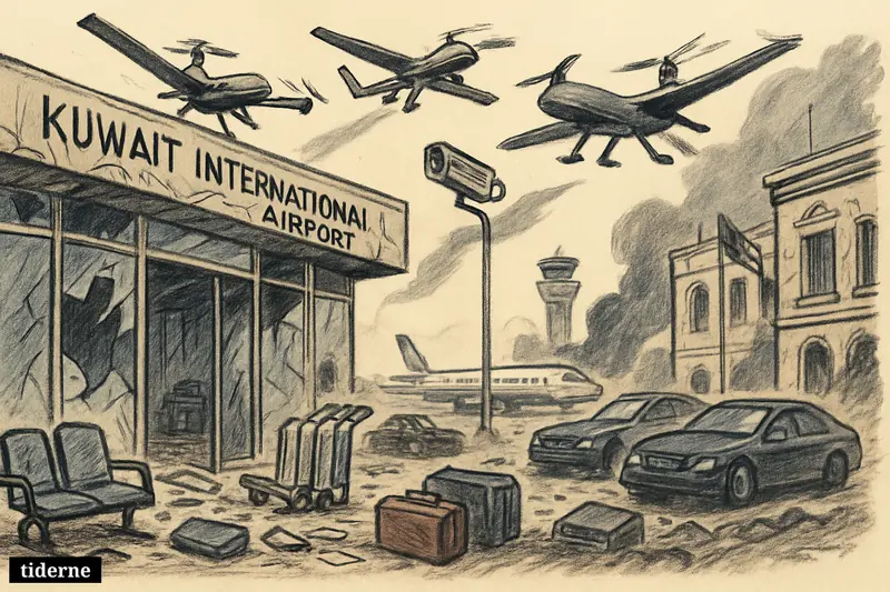 Damaged Kuwait airport terminal with low-flying drones, debris, surveillance camera, battered diplomatic vehicles, and a parked jet near the control tower.
