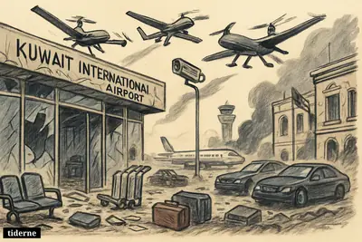 Damaged Kuwait airport terminal with low-flying drones, debris, surveillance camera, battered diplomatic vehicles, and a parked jet near the control tower.