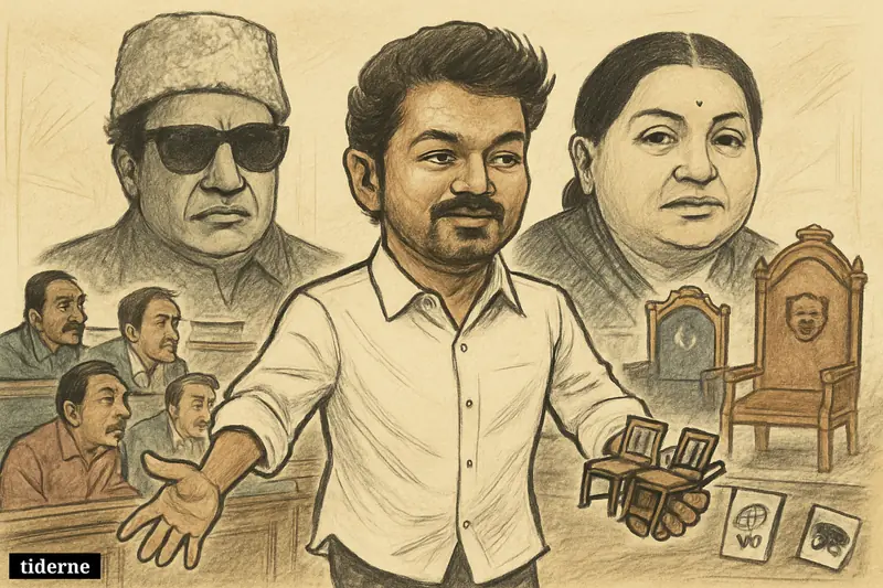 C. Joseph Vijay strides through a Tamil Nadu assembly hall as towering caricatures of MGR and Jayalalithaa watch over rival political thrones.