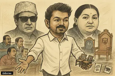 C. Joseph Vijay strides through a Tamil Nadu assembly hall as towering caricatures of MGR and Jayalalithaa watch over rival political thrones.