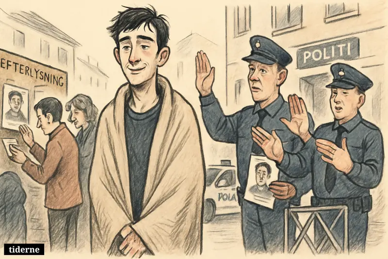 A relieved young man stands with police on a Copenhagen street as citizens remove search photos and the missing-person alert ends. (AI-genereret illustration)
