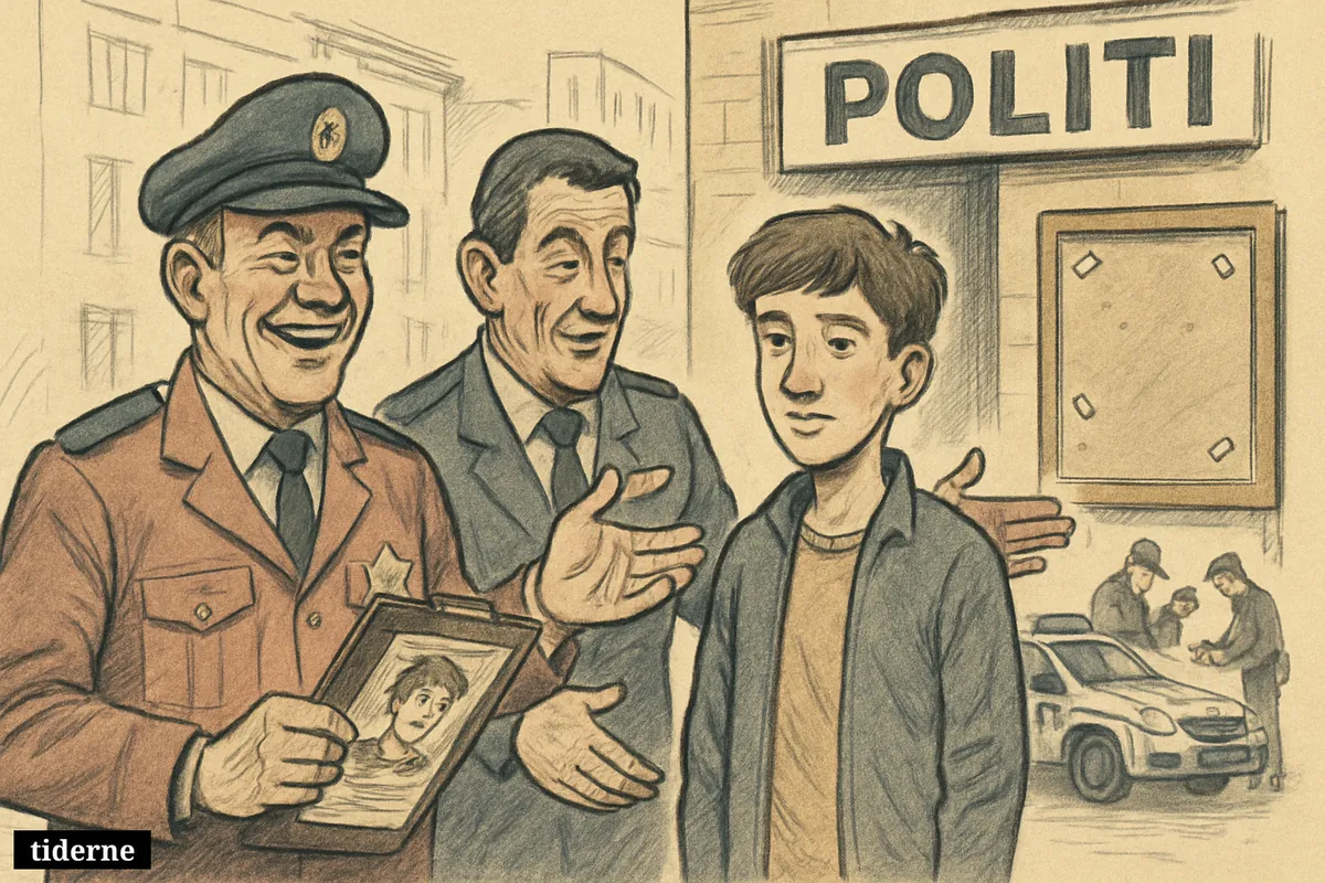 Police officers and a safe recovered teenage boy stand outside a Copenhagen station as search materials are packed away and a notice board is cleared. (AI-genereret illustration)