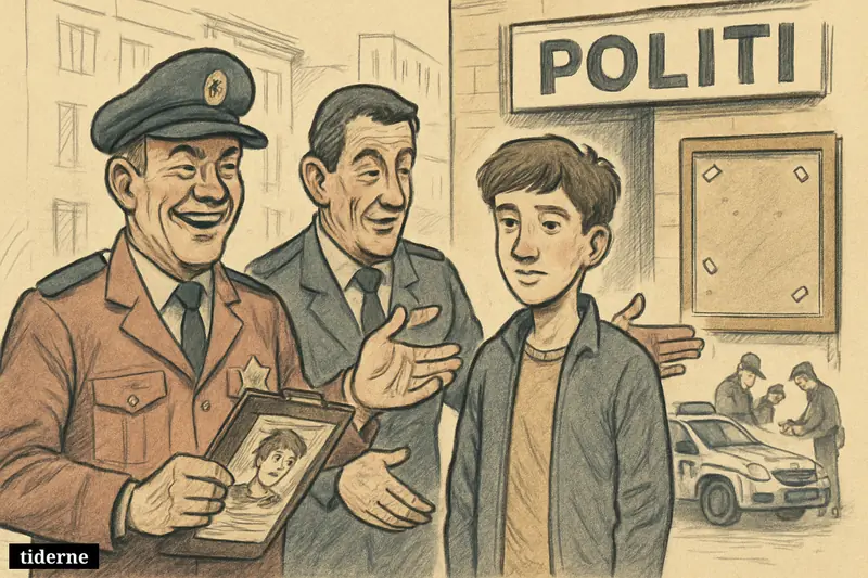 Police officers and a safe recovered teenage boy stand outside a Copenhagen station as search materials are packed away and a notice board is cleared. (AI-genereret illustration)