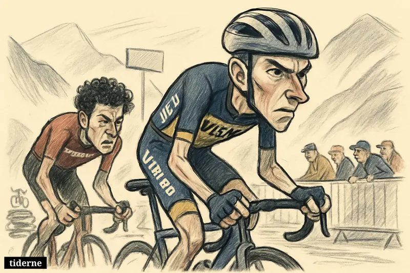 Caricature of Jonas Vingegaard attacking uphill ahead of Giulio Ciccone near a mountain stage finish in the Giro d’Italia.