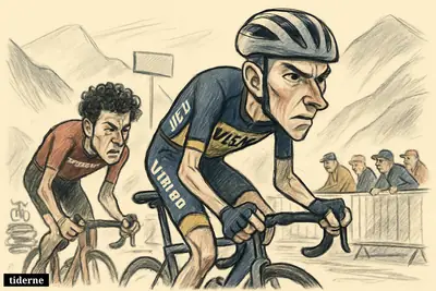 Caricature of Jonas Vingegaard attacking uphill ahead of Giulio Ciccone near a mountain stage finish in the Giro d’Italia.